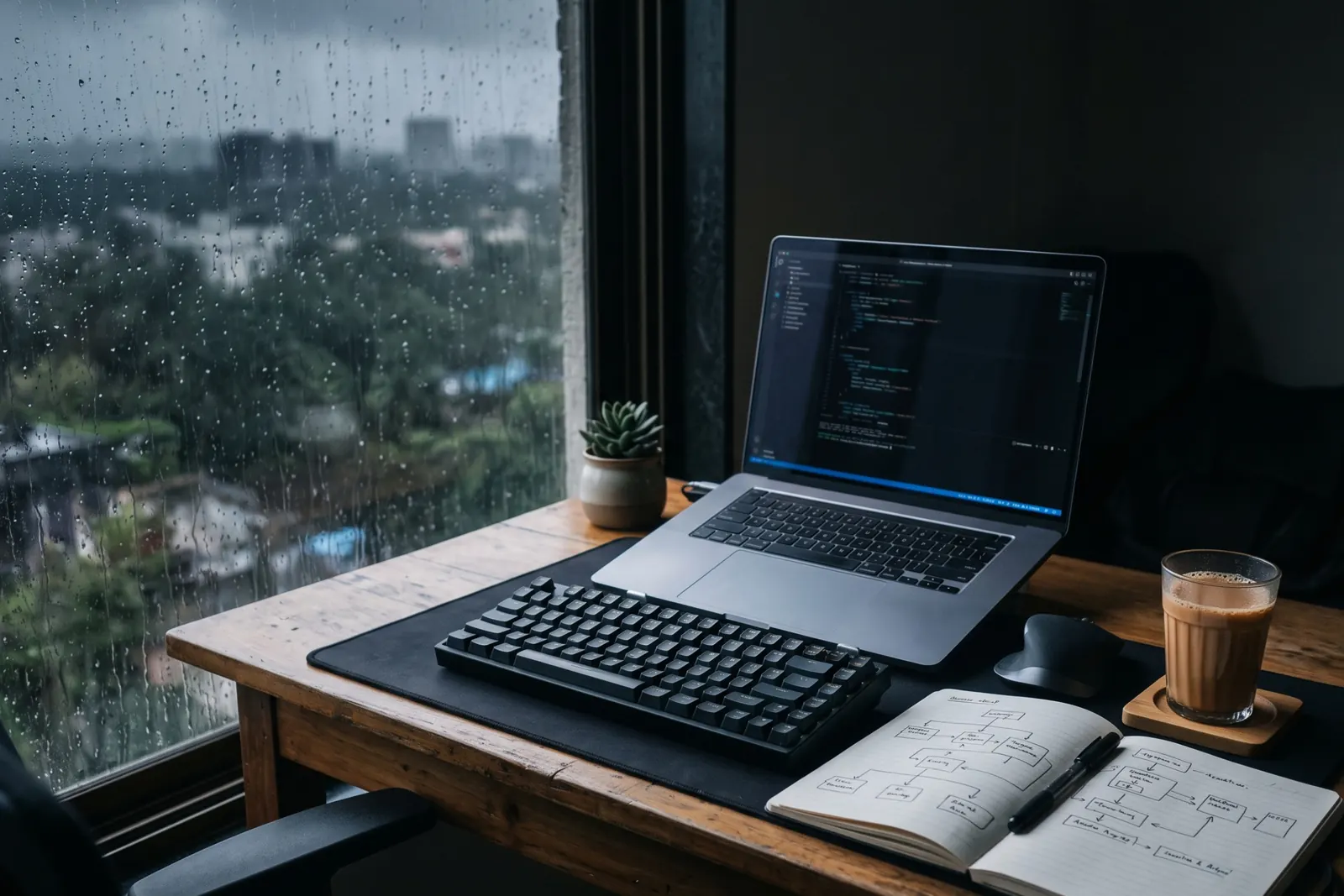 A laptop, keyboard, sketched notebook and chai on a desk by a rainy window