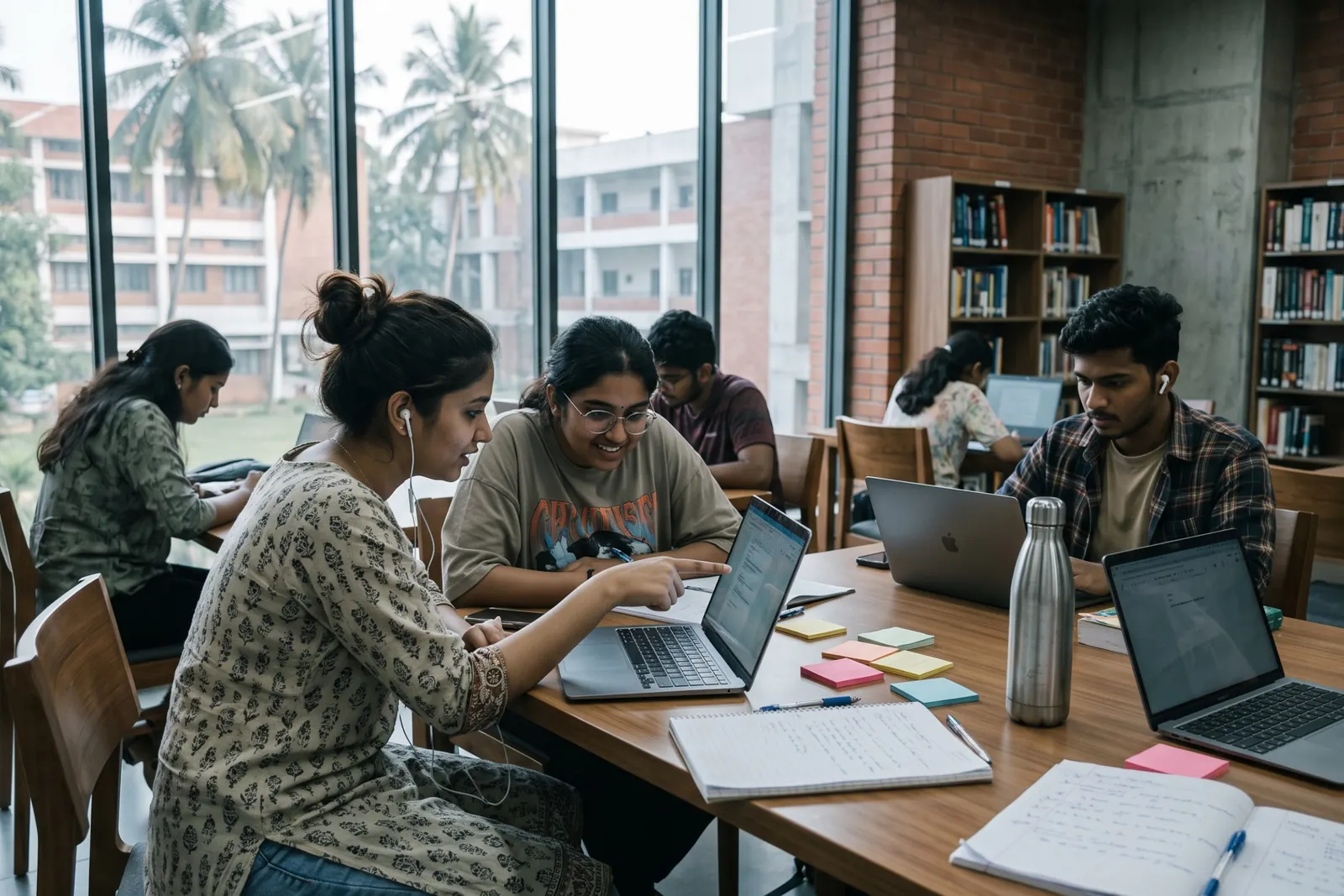Students working on laptops together in a campus library