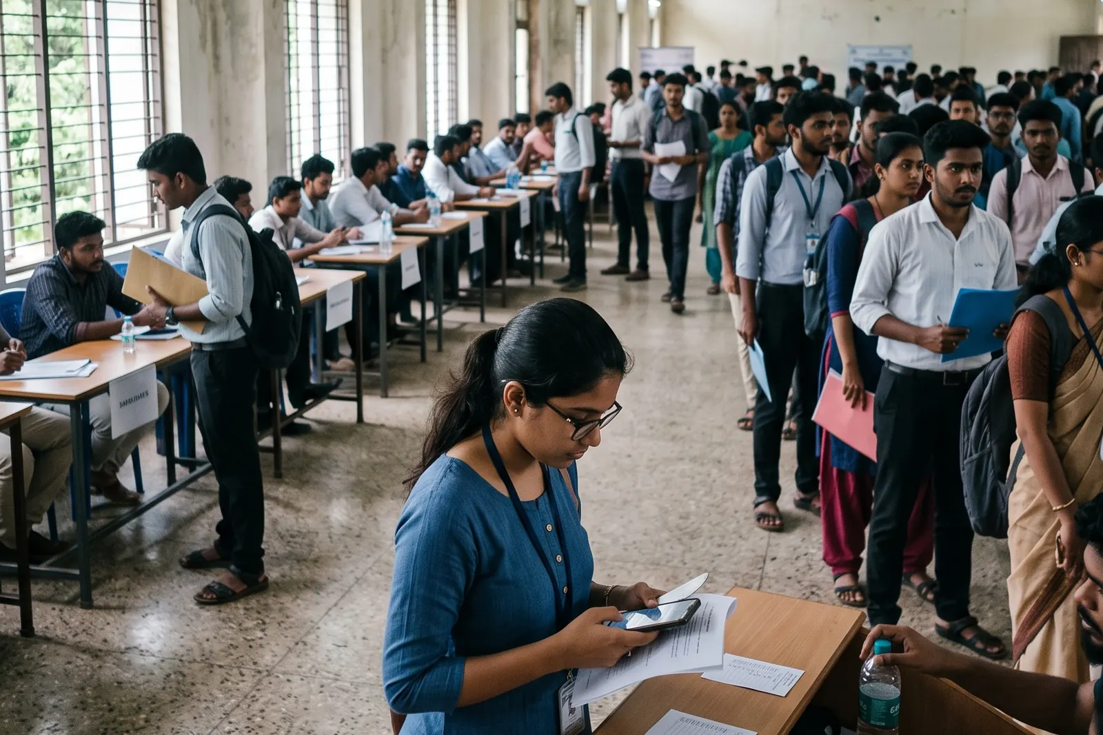 Candidates queueing at employer tables in a college auditorium during a job fair